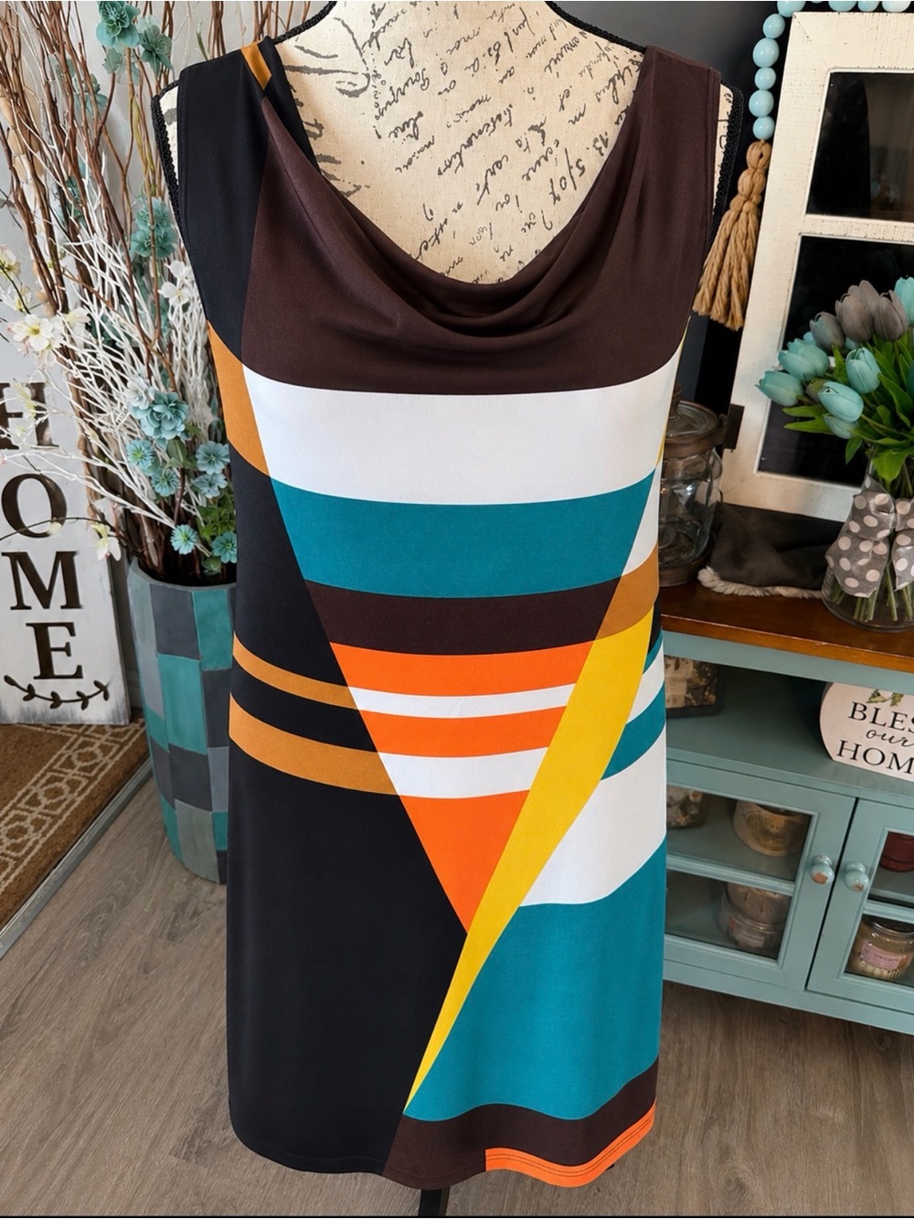 Sunny Leigh Sleeveless Midi Dress in Teal, Brown & Orange Small
